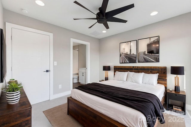 bedroom featuring ceiling fan and connected bathroom