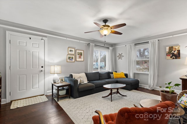 living room with ornamental molding, ceiling fan, and dark wood-type flooring