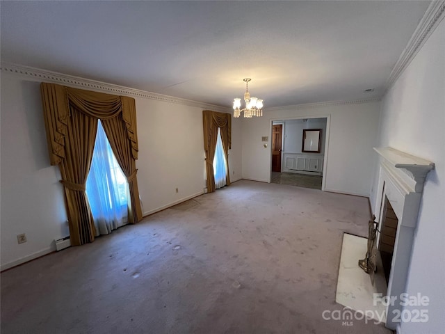 unfurnished living room featuring a baseboard radiator, crown molding, light colored carpet, and a notable chandelier