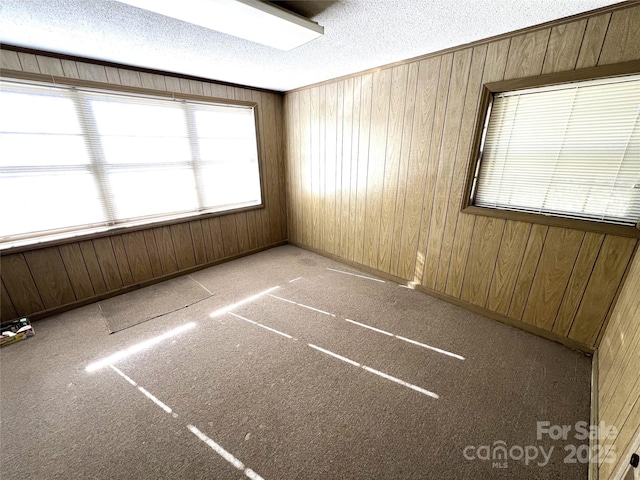 unfurnished room with light carpet, wood walls, and a textured ceiling