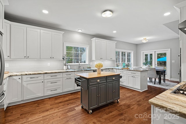 kitchen featuring white cabinets, dark wood-type flooring, light stone counters, and a kitchen island