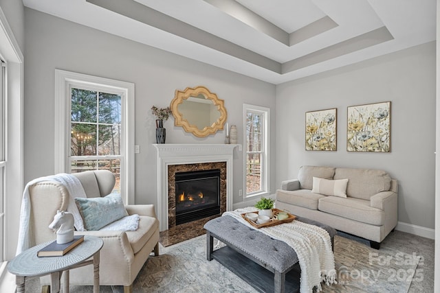 living room with a raised ceiling and a fireplace