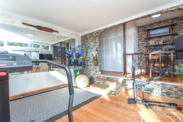 exercise room with crown molding and hardwood / wood-style flooring