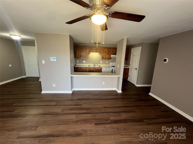 kitchen with sink, electric range, dark hardwood / wood-style floors, ceiling fan, and kitchen peninsula