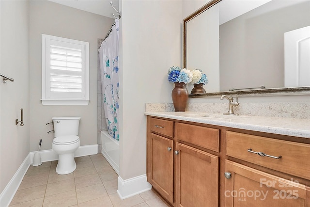 full bathroom with shower / bath combination with curtain, vanity, toilet, and tile patterned flooring