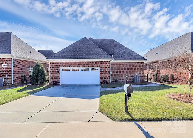 view of front of property featuring brick siding, a shingled roof, concrete driveway, an attached garage, and a front lawn