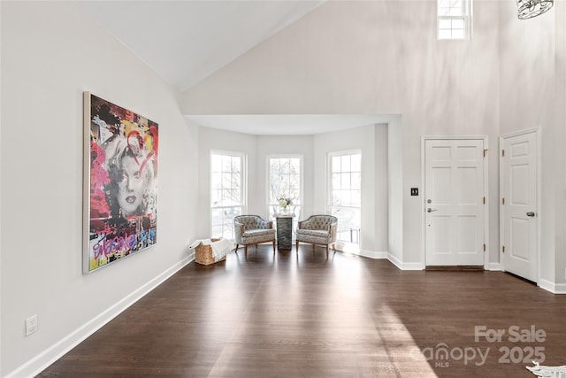 unfurnished room featuring high vaulted ceiling and dark wood-type flooring