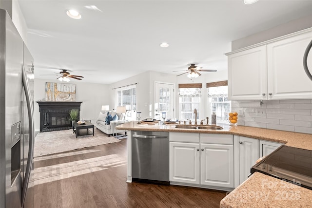 kitchen with stainless steel appliances, white cabinetry, tasteful backsplash, and sink