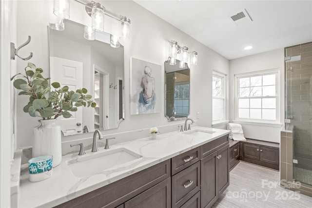 bathroom featuring vanity and walk in shower