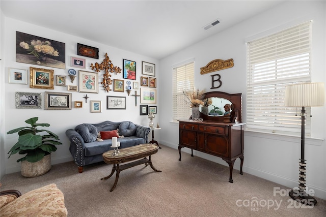 living area with carpet flooring