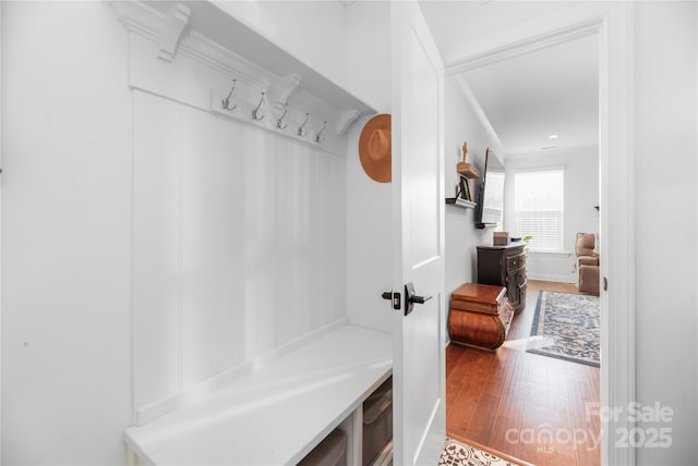 mudroom featuring crown molding and hardwood / wood-style flooring