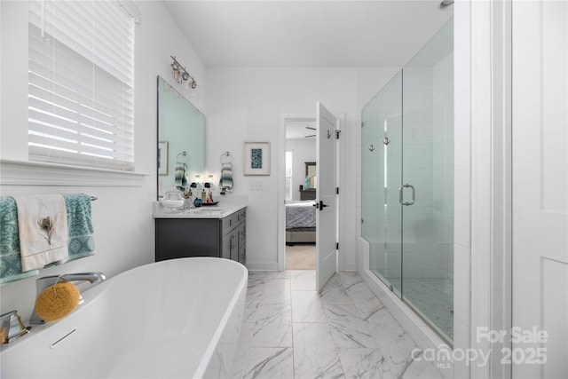 bathroom featuring vanity and plus walk in shower