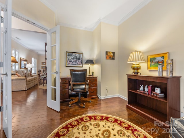 home office with french doors, dark hardwood / wood-style flooring, and crown molding