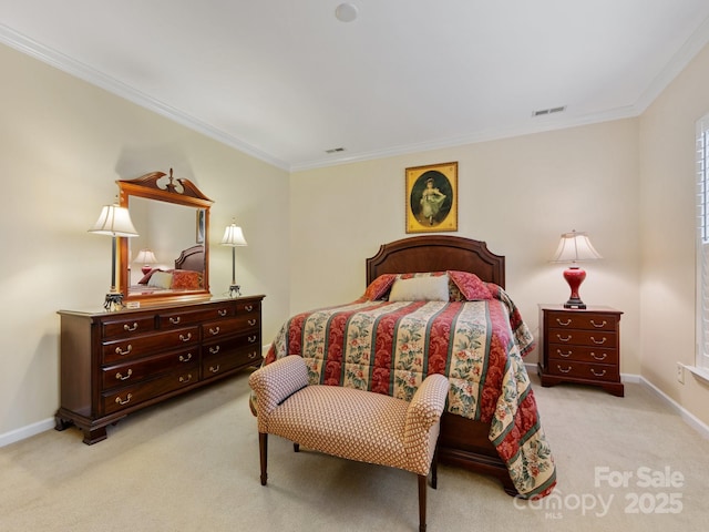 bedroom with crown molding and light carpet