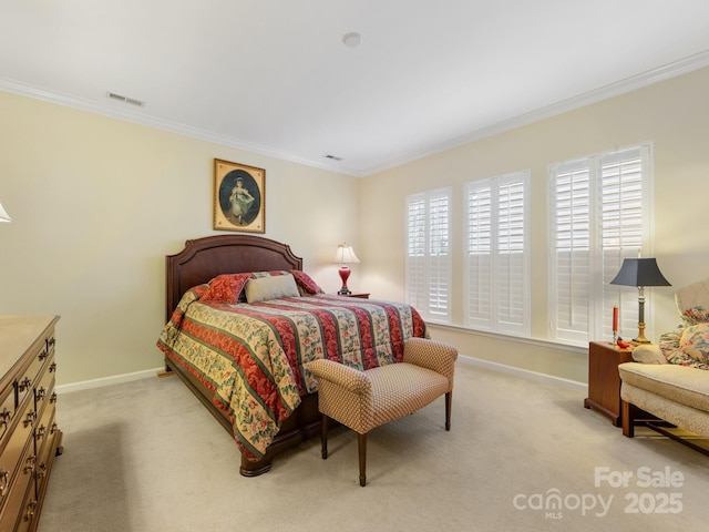 carpeted bedroom featuring ornamental molding