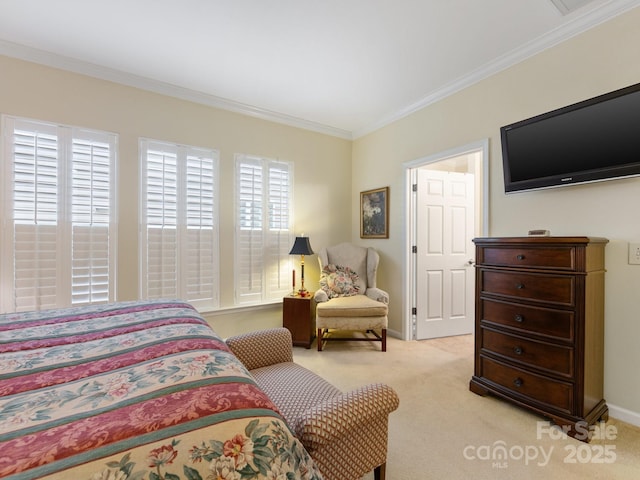 bedroom featuring light colored carpet, ornamental molding, and multiple windows