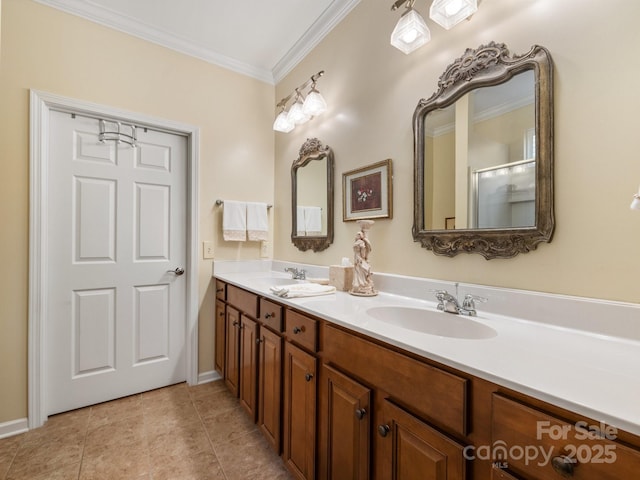 bathroom with vanity, tile patterned floors, and ornamental molding