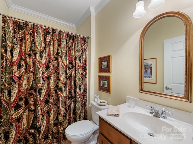 bathroom with vanity, toilet, and crown molding