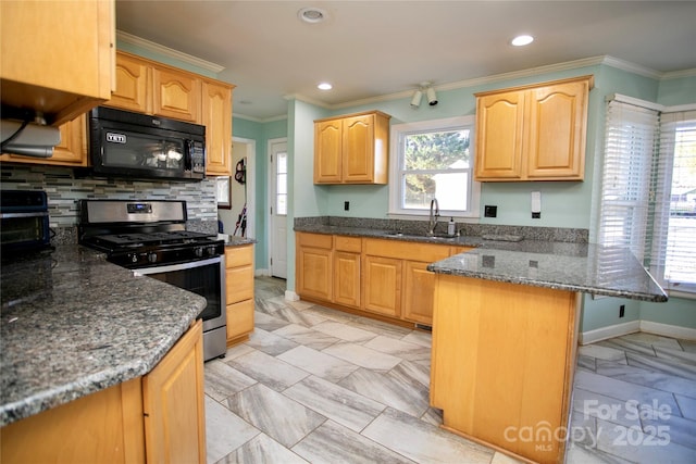 kitchen featuring dark stone countertops, decorative backsplash, stainless steel gas range oven, sink, and crown molding