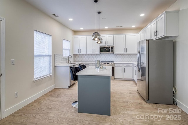 kitchen featuring a center island, backsplash, pendant lighting, white cabinets, and appliances with stainless steel finishes