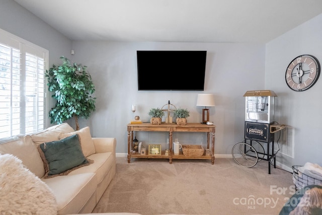 living room with light colored carpet