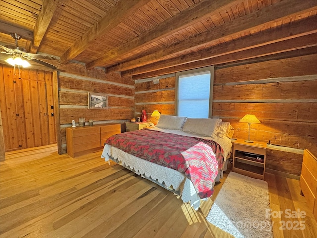 bedroom featuring beamed ceiling, wood walls, wood-type flooring, and wood ceiling