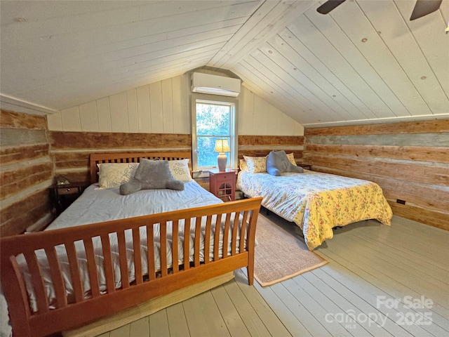 bedroom featuring a wall mounted air conditioner, wooden walls, vaulted ceiling, hardwood / wood-style flooring, and ceiling fan