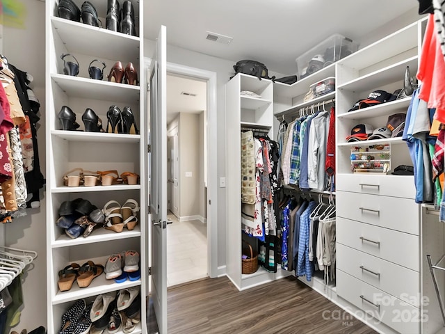 walk in closet featuring dark hardwood / wood-style floors