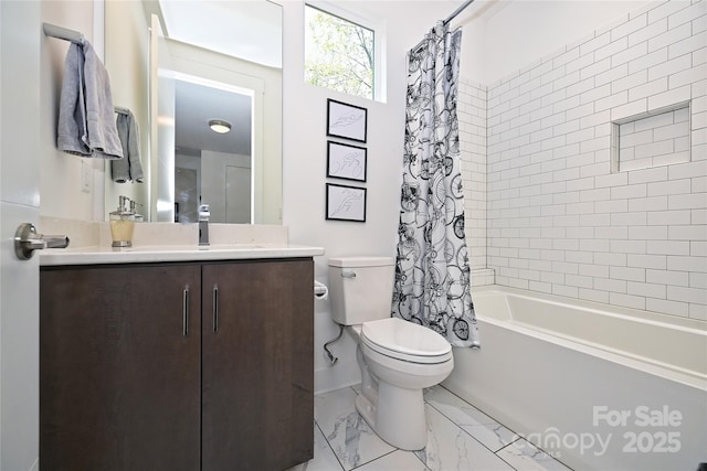 full bathroom featuring vanity, shower / tub combo with curtain, and toilet