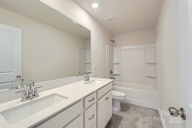 full bathroom featuring vanity, toilet, shower / bathtub combination, and tile patterned floors