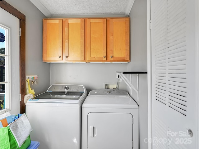 clothes washing area with independent washer and dryer, cabinets, ornamental molding, and a textured ceiling