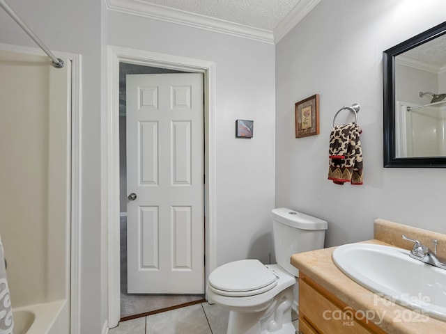 full bathroom with tile patterned flooring, vanity, ornamental molding, and a textured ceiling