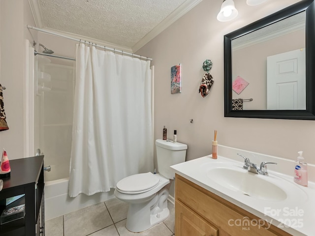 full bathroom featuring ornamental molding, vanity, a textured ceiling, tile patterned flooring, and toilet