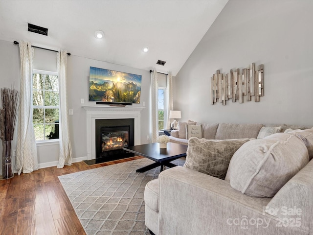 living room with lofted ceiling and hardwood / wood-style flooring