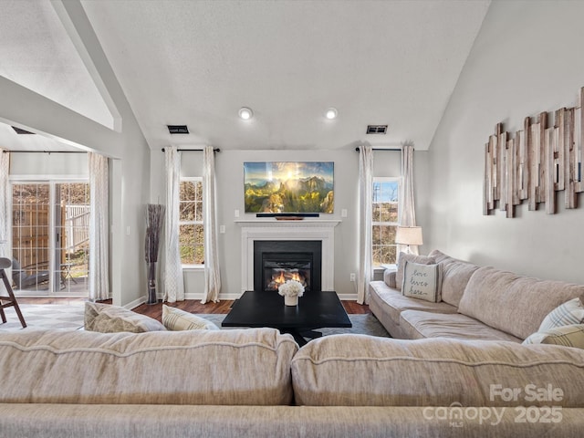 living room featuring hardwood / wood-style floors and lofted ceiling