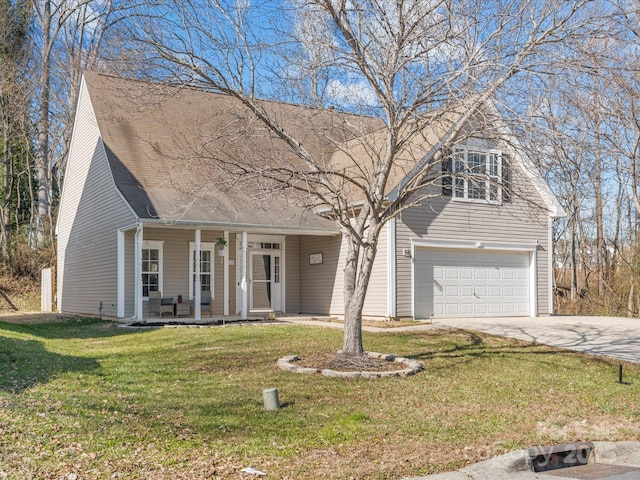 cape cod house with a garage, covered porch, and a front lawn