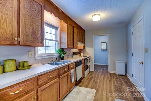 kitchen with dishwasher, stove, sink, a textured ceiling, and light hardwood / wood-style floors