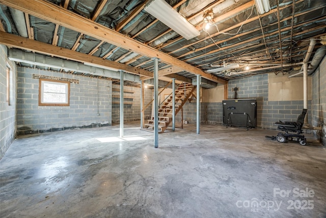 basement with a wood stove