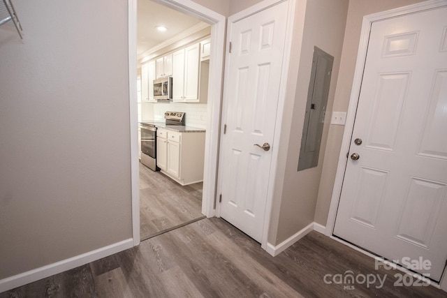 interior space featuring electric panel, hardwood / wood-style flooring, and crown molding