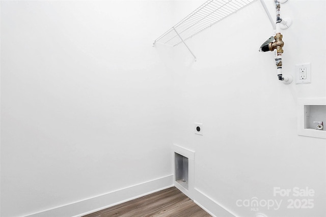 2365 28th St NE, Hickory, NC 28601 - clothes washing area featuring electric dryer hookup, laundry area, hookup for a washing machine, dark wood-style flooring, and baseboards