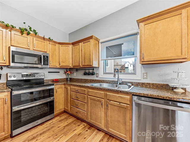 kitchen with light hardwood / wood-style floors, sink, and stainless steel appliances