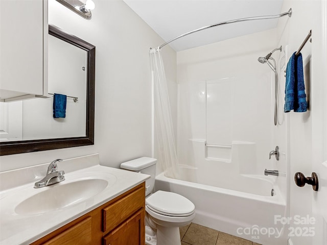 full bathroom with tile patterned floors, vanity, shower / tub combo, and toilet