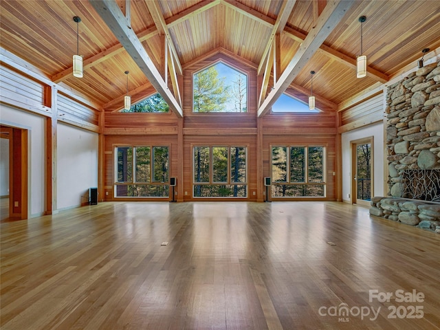 unfurnished living room with high vaulted ceiling, wooden ceiling, and hardwood / wood-style floors