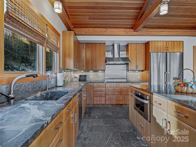 kitchen with appliances with stainless steel finishes, wood ceiling, wall chimney range hood, beamed ceiling, and sink