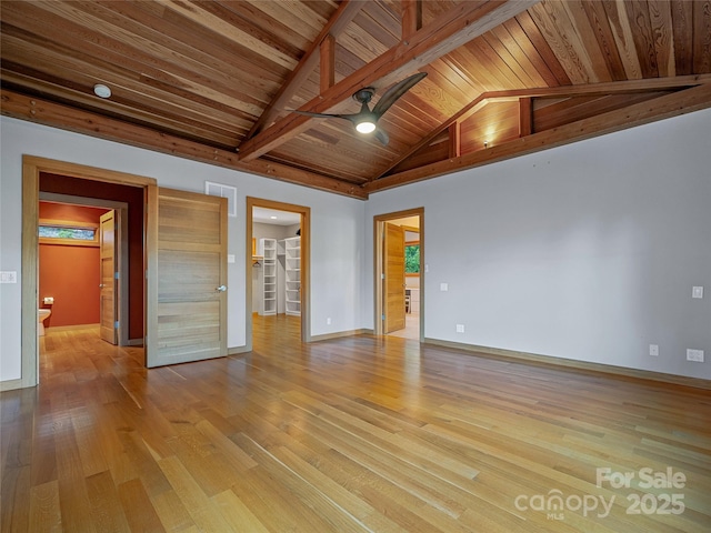 empty room featuring lofted ceiling, ceiling fan, wood ceiling, and light hardwood / wood-style floors