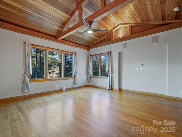 unfurnished room with high vaulted ceiling, wooden ceiling, plenty of natural light, and light wood-type flooring