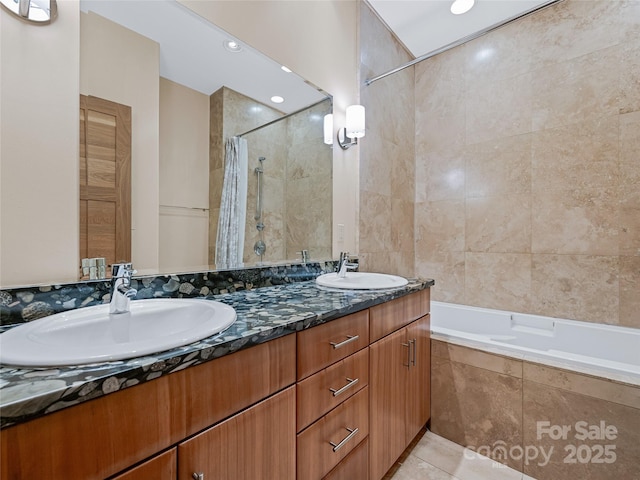 bathroom with vanity, tile patterned floors, and shower / bath combination with curtain