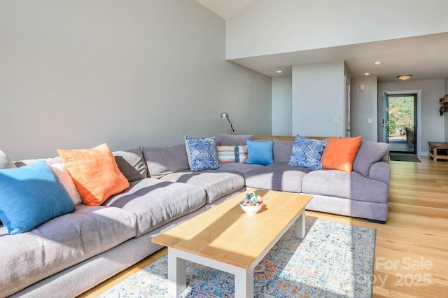 living room featuring hardwood / wood-style floors and lofted ceiling