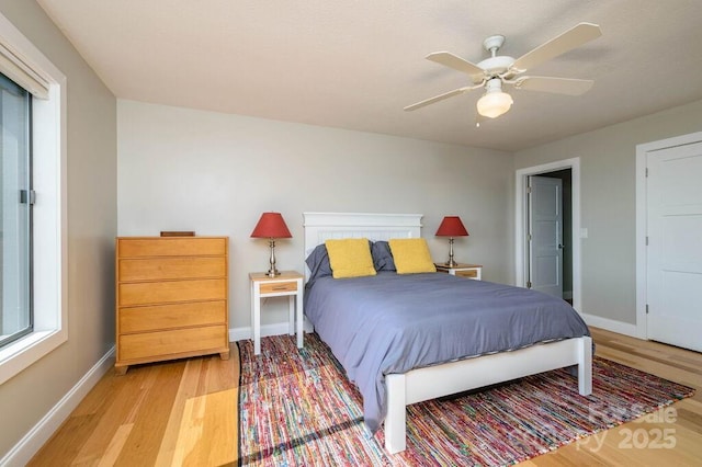 bedroom with ceiling fan and light wood-type flooring