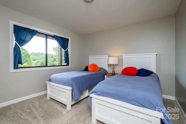 bedroom with light colored carpet